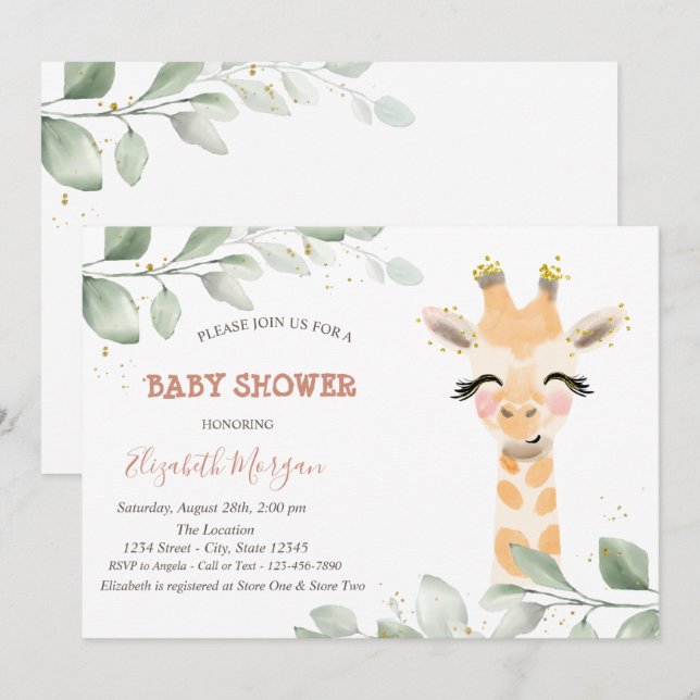 Invitation Baby shower Feuille Baby Giraffe (Devant / Derrière)
