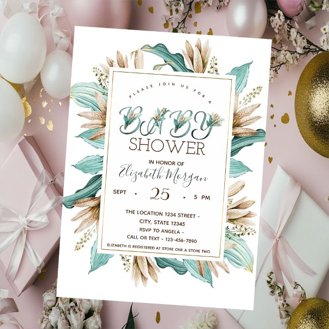 Invitation Baby shower Feuille de fleurs d'aquarelle (Créateur téléchargé)