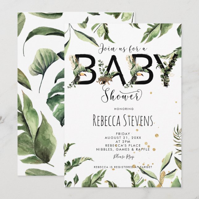 invitation baby shower feuille de la jungle tropic (Devant / Derrière)