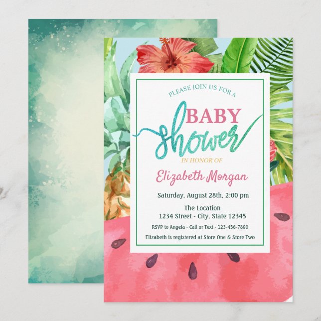 Invitation Baby shower Feuille de pastèque, paume d'ananas (Devant / Derrière)