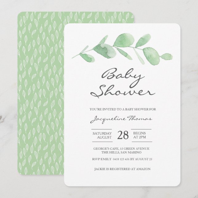 Invitation Baby shower| Feuille d'eucalyptus (Devant / Derrière)