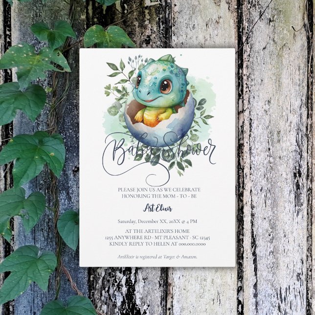 Invitation Baby shower Feuille Dinosaur Oeuf Cute Aquarelle (Créateur téléchargé)