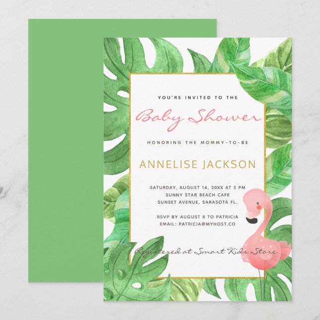 Invitation Baby shower feuille vert flamand rose tropical (Devant / Derrière)