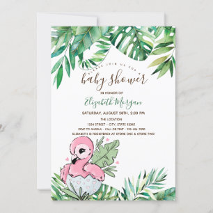 Invitation Baby Shower Feuilles Tropicales Flamant Rose Bébé