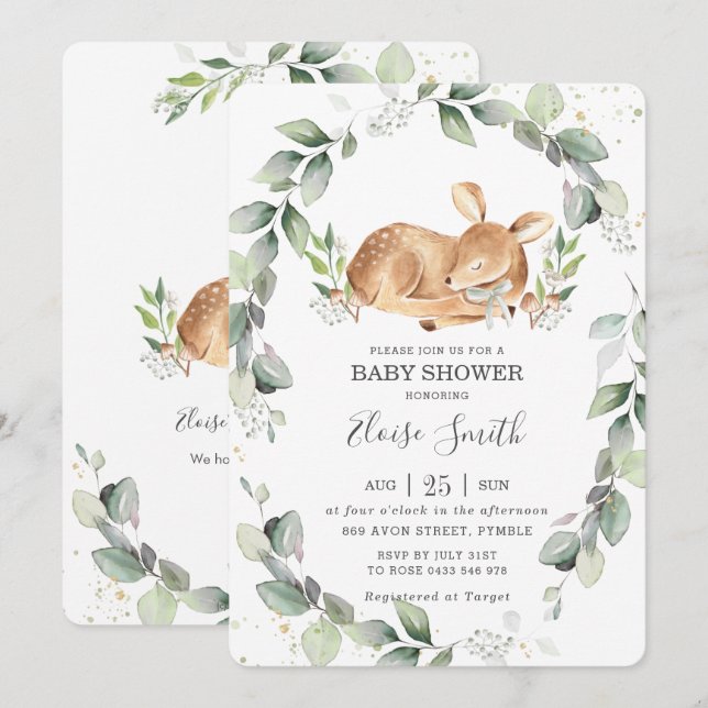 Invitation Baby shower feuillus de Woodland Deer (Devant / Derrière)