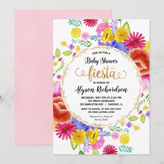 Invitation baby shower Fiesta, aquarelles florales (Devant / Derrière)
