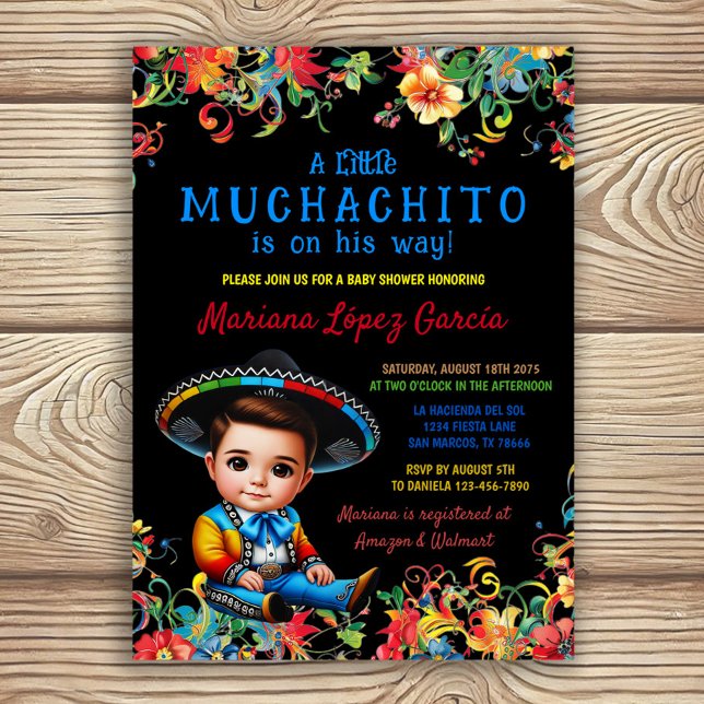 Invitation Baby shower Fiesta de Little Muchachito Charro (Boy festa baby shower invitation with adorable little Muchachito on color floral background. )