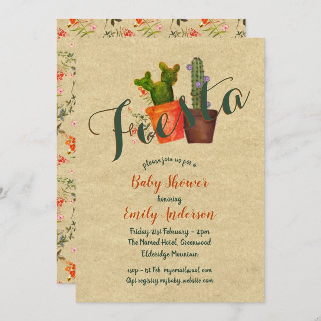 Invitation Baby shower Fiesta mexicain Cactus rustiques (Devant / Derrière)