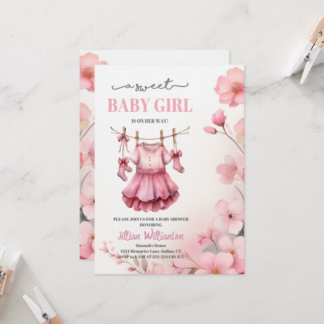 Invitation Baby shower fille (Devant/Arrière en situation)