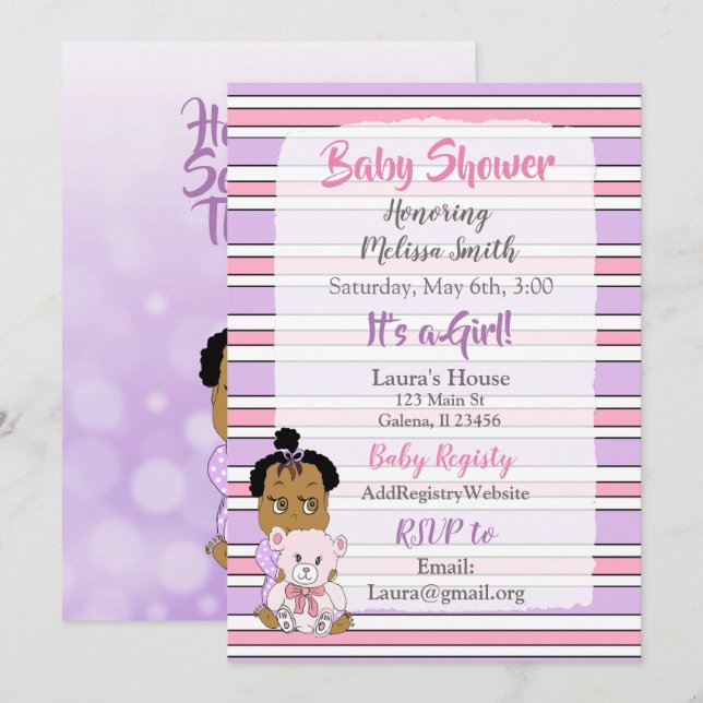 Invitation Baby Shower Fille Afro-Américaine (Devant / Derrière)