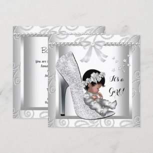 Invitation Baby-Shower Fille Afro-Américaine Chaussure Grise 