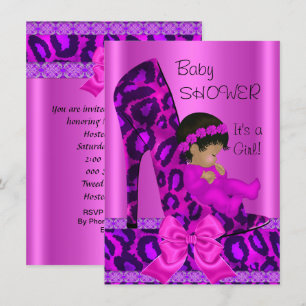 Invitation Baby Shower Fille Afro-Américaine Rose Léopard