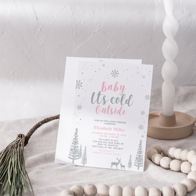 Invitation Baby shower fille argent et rose hiver Wonderland (Créateur téléchargé)