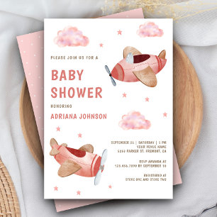 Invitation Baby Shower Fille Avions Roses Rétro Vintage Migno