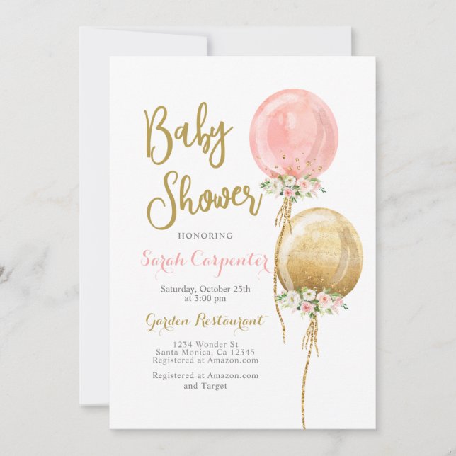 Invitation Baby shower fille ballons rose et or (Devant)