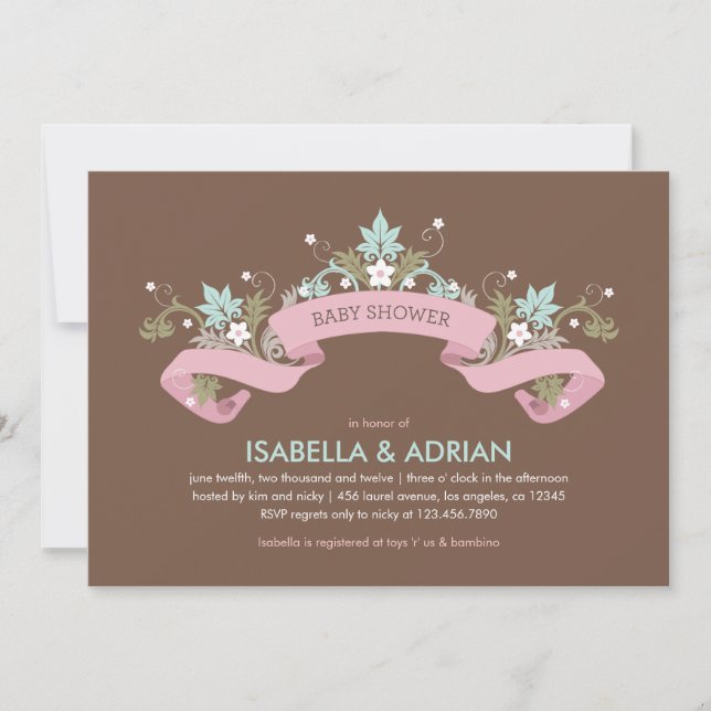 Invitation Baby shower fille bannière florale (Devant)