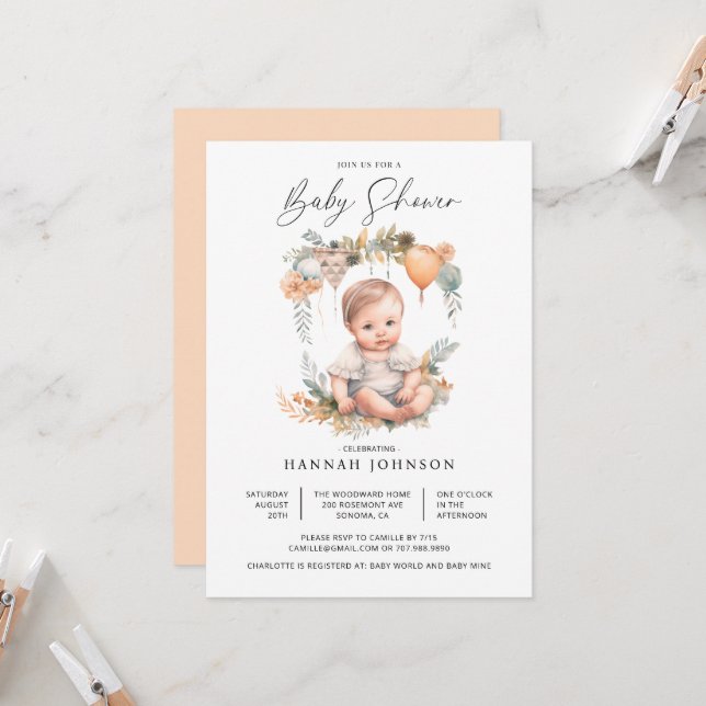 Invitation Baby shower fille bébé aquarelle (Devant/Arrière en situation)