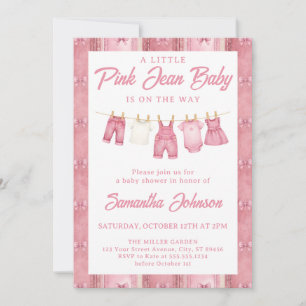 Invitation Baby Shower Fille Bébé Jean Rose