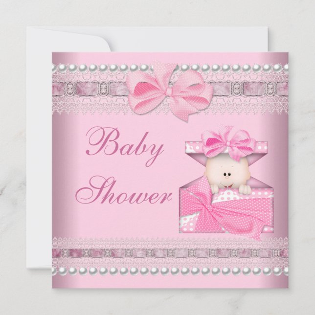 Invitation Baby shower fille bébé rose cadeau Perle dentelle (Devant)