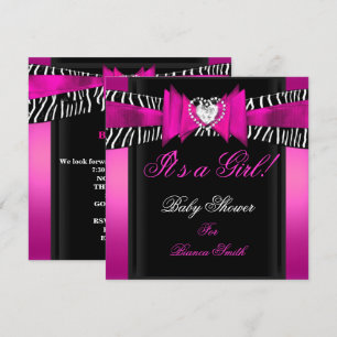 Invitation Baby Shower Fille Bébé Rose Chaud Noir Zèbre