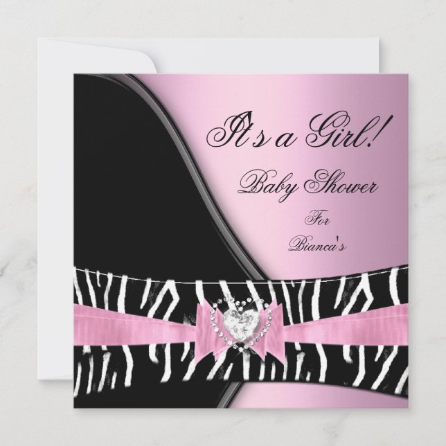 Invitation Baby shower fille bébé rose noir Zèbre (Devant)