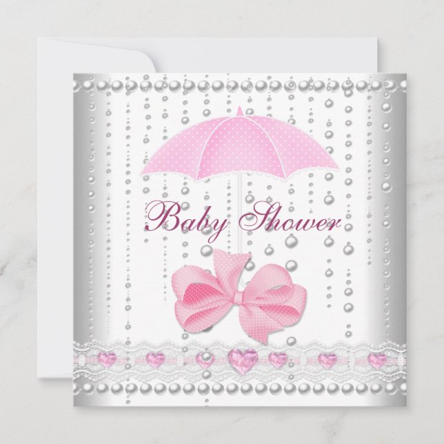 Invitation Baby shower fille bébé rose parapluie Pearl blanc (Devant)