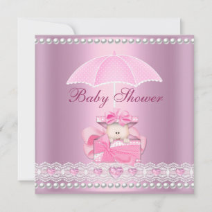 Invitation Baby shower fille bébé rose parapluie Pearl blanc