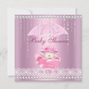 Invitation Baby shower fille bébé rose parapluie Pearl blanc