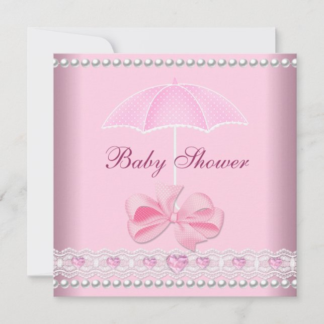 Invitation Baby shower fille bébé rose parapluie Pearl Lace (Devant)