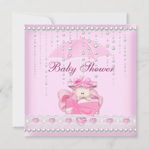 Invitation Baby Shower Fille Bébé Rose Parapluie Perle Blanch
