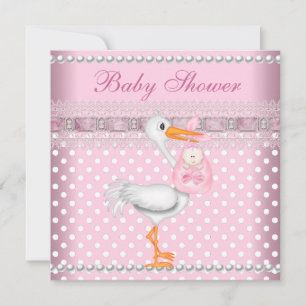 Invitation Baby shower fille bébé rose tache Pearl Stork