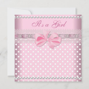 Invitation Baby shower fille bébé rose tache perle dentelle