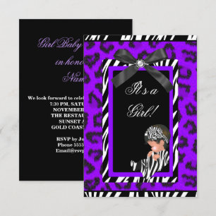 Invitation Baby shower fille bébé violet noir Zèbre