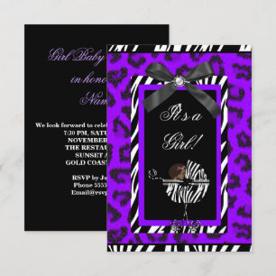 Invitation Baby shower fille bébé violet noir Zèbre