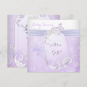 Invitation Baby Shower Fille Blanc Lilas Princesse Papillon 2