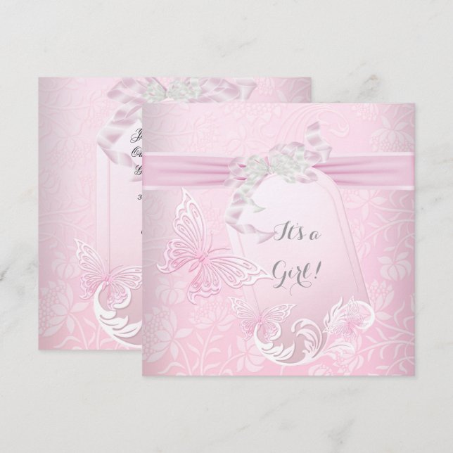 Invitation Baby shower Fille Blanc Rose Princesse Papillon (Devant / Derrière)