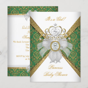 Invitation Baby Shower Fille Blanc Vert Princesse Damassé
