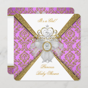 Invitation Baby shower fille blanc violet princesse Damas