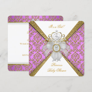 Invitation Baby Shower Fille Blanc Violet Princesse Damassé