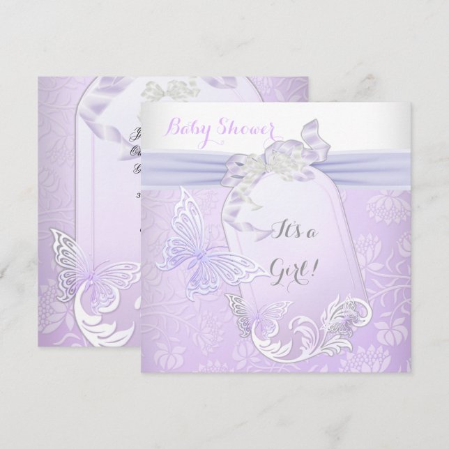 Invitation Baby shower Fille blanche Lilac Princesse Papillon (Devant / Derrière)