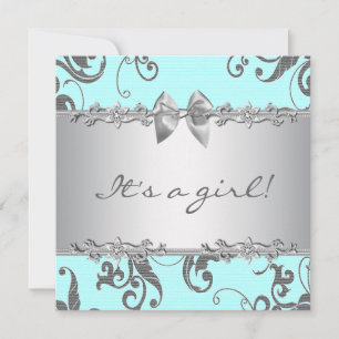 Invitation Baby Shower Fille Bleu Turquoise Argent