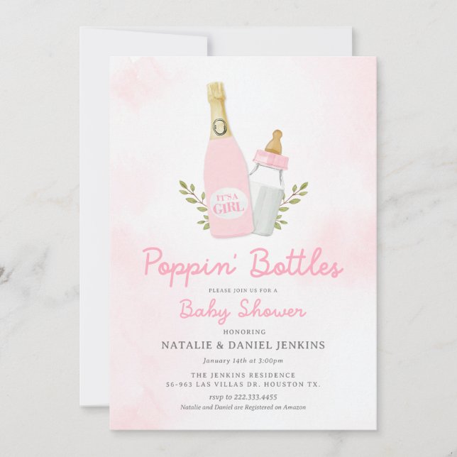 Invitation Baby shower fille Bouteilles Poppin (Devant)