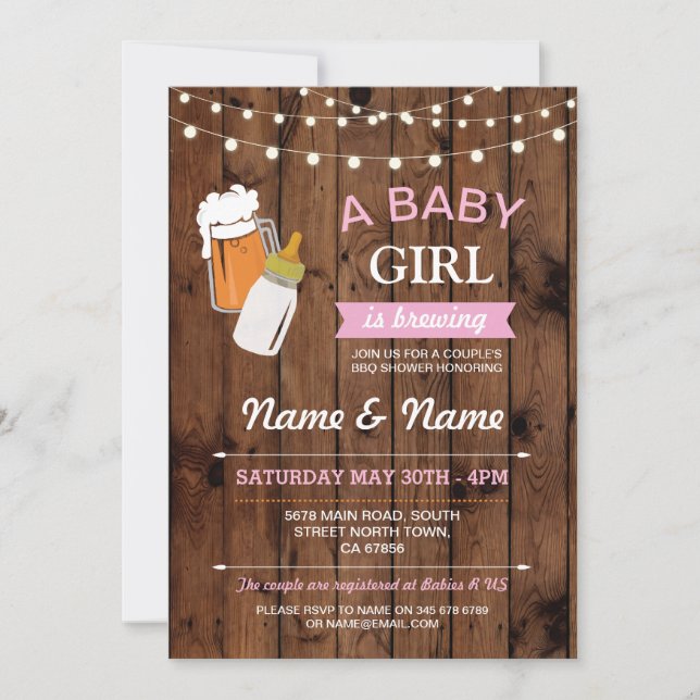 Invitation Baby shower fille brasserie bière rose bois Invita (Devant)