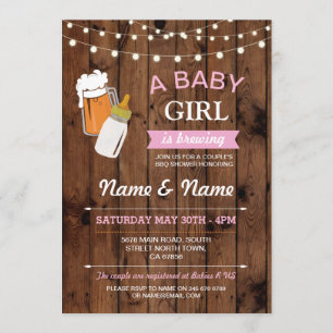 Invitation Baby shower fille brasserie bière rose bois Invita