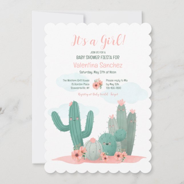Invitation Baby shower fille Cactus Blooms (Devant)