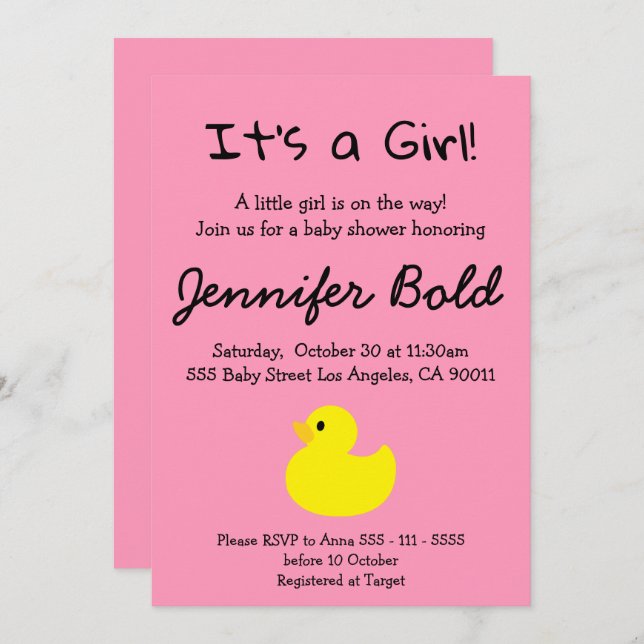 Invitation Baby shower fille canard jaune (Devant / Derrière)