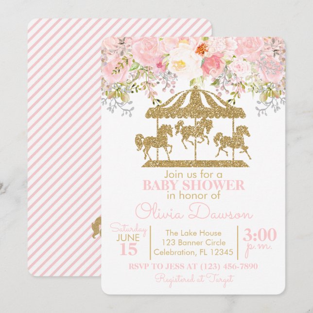 Invitation Baby shower fille carrousel rose et or Floral (Devant / Derrière)
