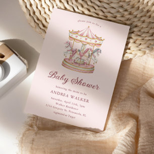 Invitation Baby Shower Fille Carrousel Rose Pastel