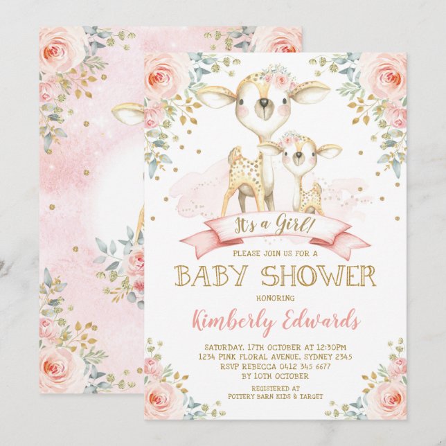 Invitation Baby shower fille Cerf mignonne Roses or rose pâle (Devant / Derrière)