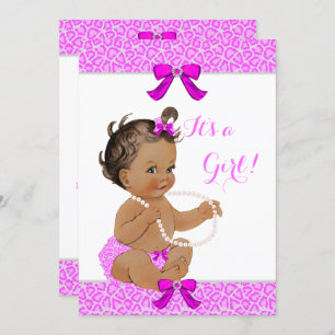 Invitation Baby shower Fille Chaud rose Léopard perles Brunet